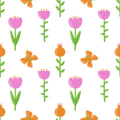 Floral seamless pattern with flower and butterfly. Vector Illustration in orange, pink and green colors for fabric, textile, background, wallpaper.