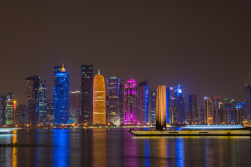 Doha,Qatar- December 23,2019 : Night view of Skyline,Doha's Financial District (West Bay).