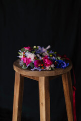 Bouquet of stylish flowers. Romantic composition with pink flowers. Pastel plants composition