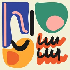 Minimalistic poster with geometric design and various doodles, vector template with elements of primitive shapes, modern hipster style.