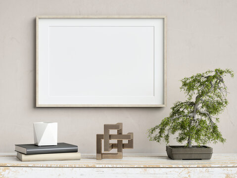 Mock up picture frame on plaster wall with bonsai tree in pot, books and geometric object on old wooden table; landscape orientation; stylish frame mock up; 3d rendering, 3d illustration