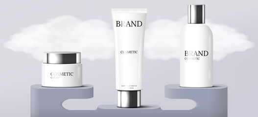 Set of beauty cosmetic packaging background on podium with cloud