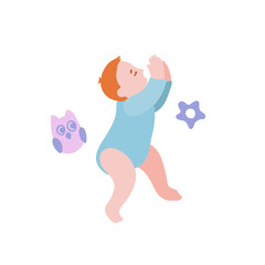 Baby sleeps with baby accessories. Infant in a bodysuit lies resting.