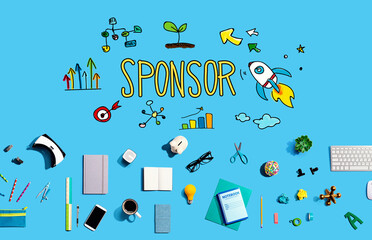 Sponsor with collection of electronic gadgets and office supplies