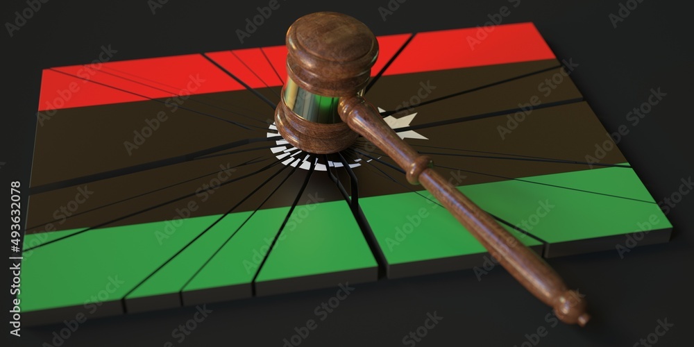 Poster broken block with flag of libya and judge's gavel. conceptual 3d rendering