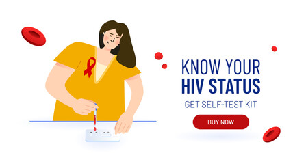 Young woman with pipette with blood for HIV self-test. Express home kit for self analysis. Rapid exam for AIDS prevention. Vector illustration concept for landing
