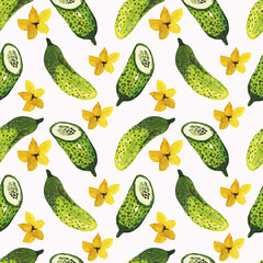 Seamless watercolor pattern of whole and cut prickly cucumbers.