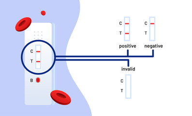 HIV self-test result description with floating red blood cells. Representation of the blood test results. Rapid exam for AIDS prevention. Bright vector illustration concept