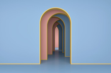 Fototapeta premium Abstract colorful geometric arched background with golden edges; simple clean arched walls; luxury minimalist primitive shapes; minimal primitive shapes in pastel color; 3d rendering, 3d illustration