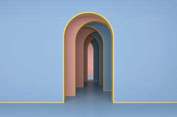 Abstract colorful geometric arched background with golden edges; simple clean arched walls; luxury minimalist primitive shapes;  minimal primitive shapes in pastel color; 3d rendering, 3d illustration