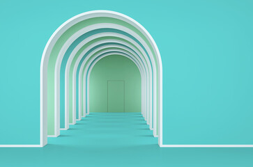 Fototapeta premium Abstract colorful geometric arched openings; simple clean arched walls mockup; minimalist primitive shapes in green and blue tone; curved wall openings in pastel color; 3d rendering, 3d illustration