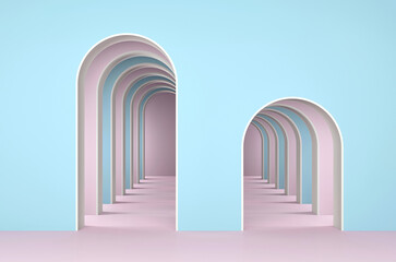 Abstract colorful geometric arched openings of various sizes; simple clean arched walls mockup; minimalist primitive shapes; curved wall openings in pastel color; 3d rendering, 3d illustration