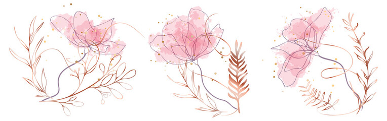 Watercolor floral illustration set - grasses, ferns and leaves for your own design. Gold ribbons and splashes. Wedding stationery, greeting cards, wallpaper or background.