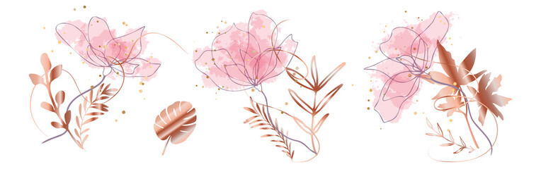 Fototapeta premium Watercolor floral illustration set - grasses, ferns and leaves for your own design. Gold ribbons and splashes. Wedding stationery, greeting cards, wallpaper or background.