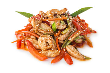 Fried chicken with vegetables, fast food. Photo of food on a white background