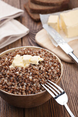 Buckwheat porridge Ukrainian cooking. Photo of food on a white background