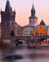Fototapeta na wymiar Digital painted famous place in Prague city, Czech Republic. Old European architecture. Popular touristic place for visit. Pastel on canvas drawing, paper texture on background