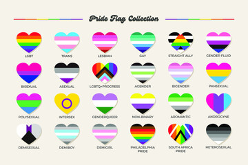 LGBTQ+ sexual identity pride flags collection. Flag of gay, transgender, bisexual, lesbian etc. Pride concept. Rainbow heart
