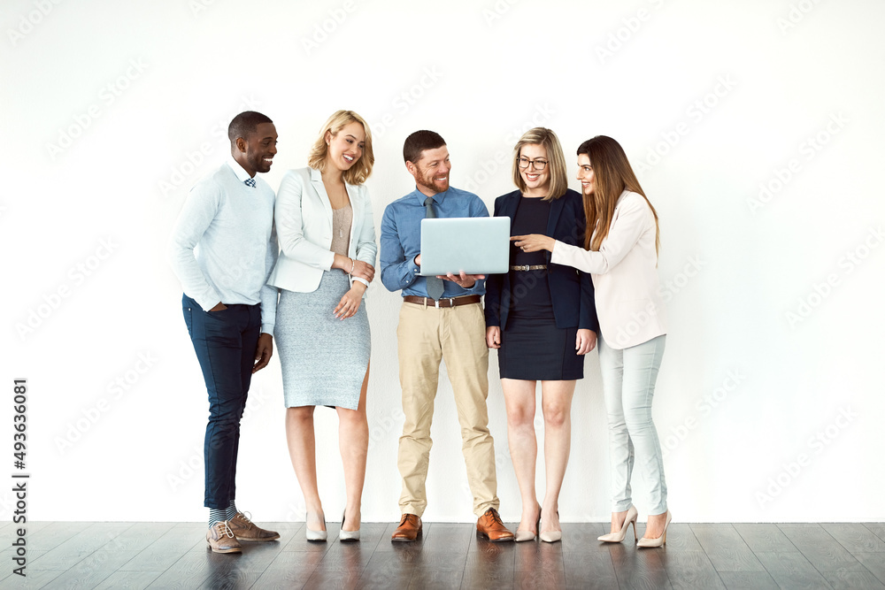 Poster I saw this the other day. Shot of a group of work colleagues standing next to each other while using electronic devices against a white background.