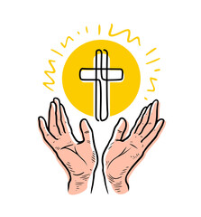 Hands raised in prayer and cross as symbol of faith in God. Vector illustration