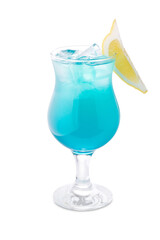 Alcoholic blue drink in a glass, cocktail. Photography of drinks on a white background