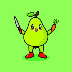 Cute cartoon pear fruit character holding knife and carrot in modern style design  