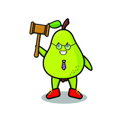 Cute cartoon mascot character wise judge pear fruit wearing glasses and holding a hammer with cute modern style design 