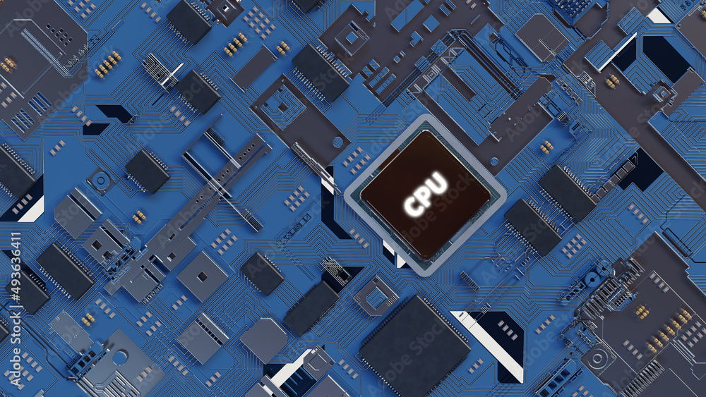 Aufkleber cpu on circuit board pattern illustration, 3drendering