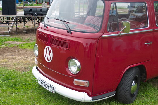 Saint Petersburg, Russia - July 08, 2017: Festival of old Volkswagen car Bughouse Fest 2017. Red Volskwagen Transporter.