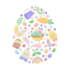Happy Easter postcard. Set of cute holiday elements on white background. Rabbit, eggs, chick, hen, Easter cake and basket with flowers. Flat vector illustration.