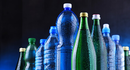 Different sorts of bottles containing mineral water