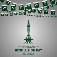 23rd March Resolution Day Grey Background with flags & Minar-e-Pakistan
