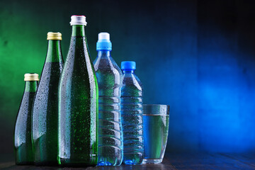 Different sorts of bottles containing mineral water