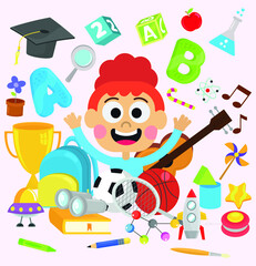 Cute girl and school objects around