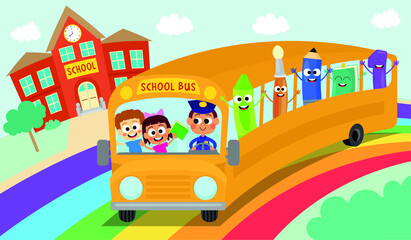 Cute kids and school objects on the school bus