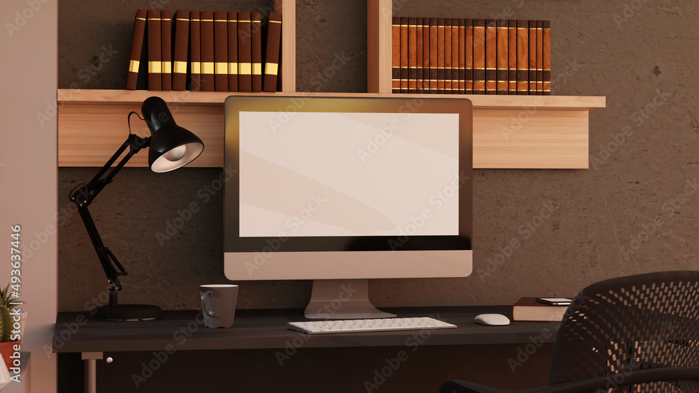 Aufkleber desktop computer with blank screen on table with mouse and smartphone. home interior or office backg