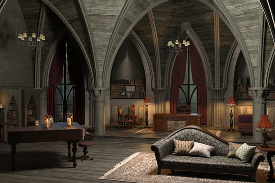 Ancient luxury gothic hall environment 3d render