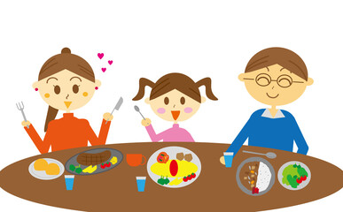 外食でファミレスに行き、家族それぞれ好きな物を食べるファミリーの食事イラスト・お子様ランチ