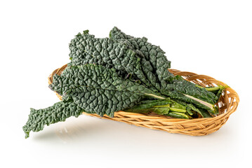 Italian black kale or Tuscan kale or lacinato or dinosaur kale into wicker basket isolated on white