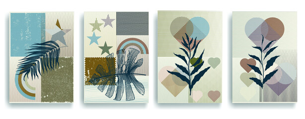 Modern layout with minimalist design elements . Grunge textured shapes in Boho style  . Wall art , home deco . Vector abstract shape. Modern art . Contemporary layouts set .