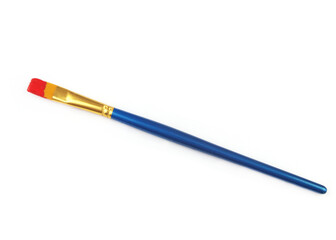 Blue paintbrush with red paint on white background.
