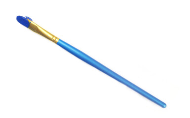 Paintbrush with blue paint on white background.