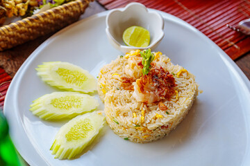 Thai dish of steamed rice with shrimp. Top view