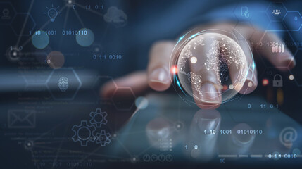 Global network, internet technology, digital software development concept. woman using mobile smart phone with global network connection