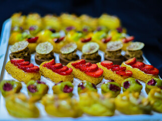 French pastries.Chocolate cakes macaron and others on display a confectionery