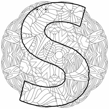 Letter S monogram with mandala, engraving design. Vector illustration for coloring.