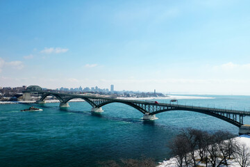 Aerial of the Peace Bridge between Fort Erie, Canada and Buffalo, United States - 493639426