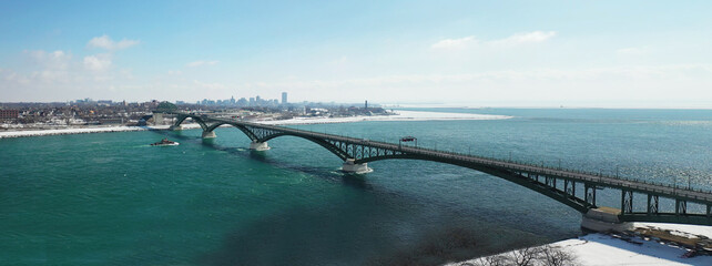 Aerial panorama of the Peace Bridge between Fort Erie, Canada and Buffalo, United States