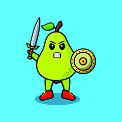 Cute cartoon character Pear fruit holding sword and shield