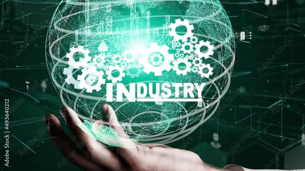Poster futuristic industry 4.0 and inventive mechanized engineering concept with graphic user interface sho